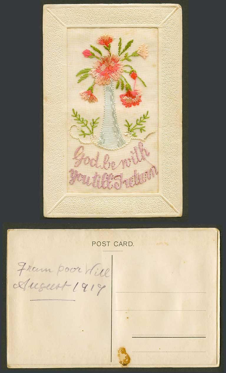 WW1 SILK Embroidered 1919 Old Postcard God Be with You Till I Return Flower Vase