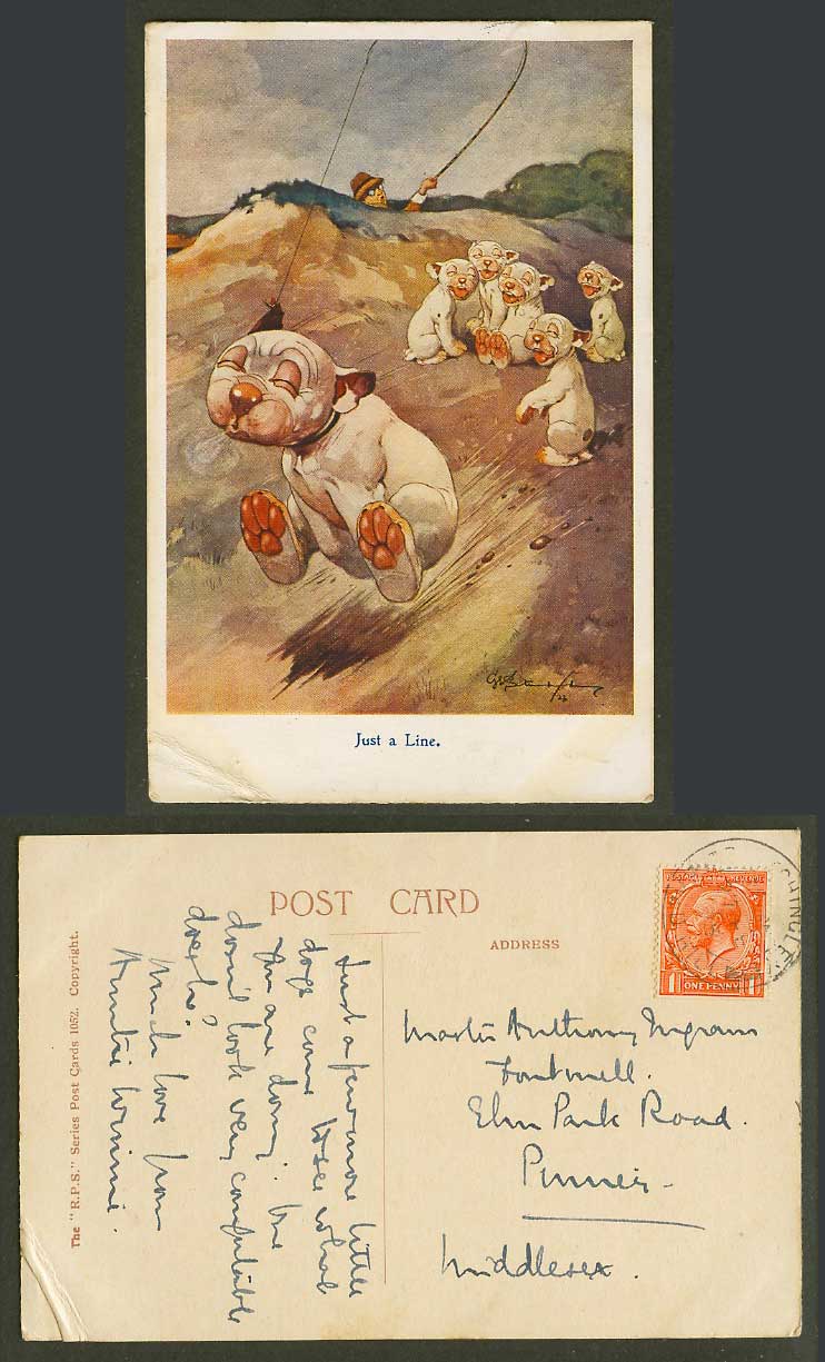 BONZO DOG G.E. Studdy 1925 Old Postcard Just a Line, Anger Angling Fishing 1052
