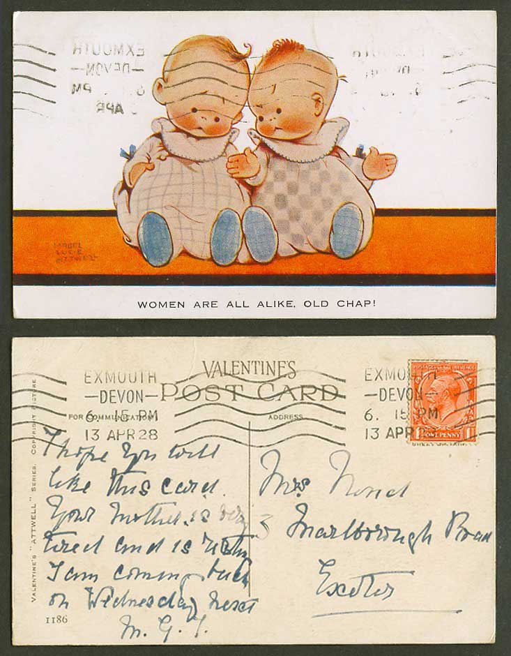 MABEL LUCIE ATTWELL 1928 Old Postcard Twins Twin Babies, Women Are Alike No.1186