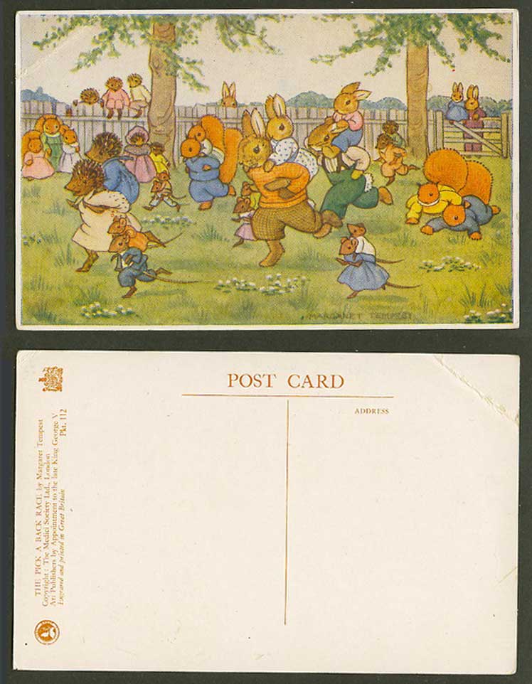 Margaret Tempest Old Postcard Squirrel Mice Rabbit Hedgehog The Pick a Back Race