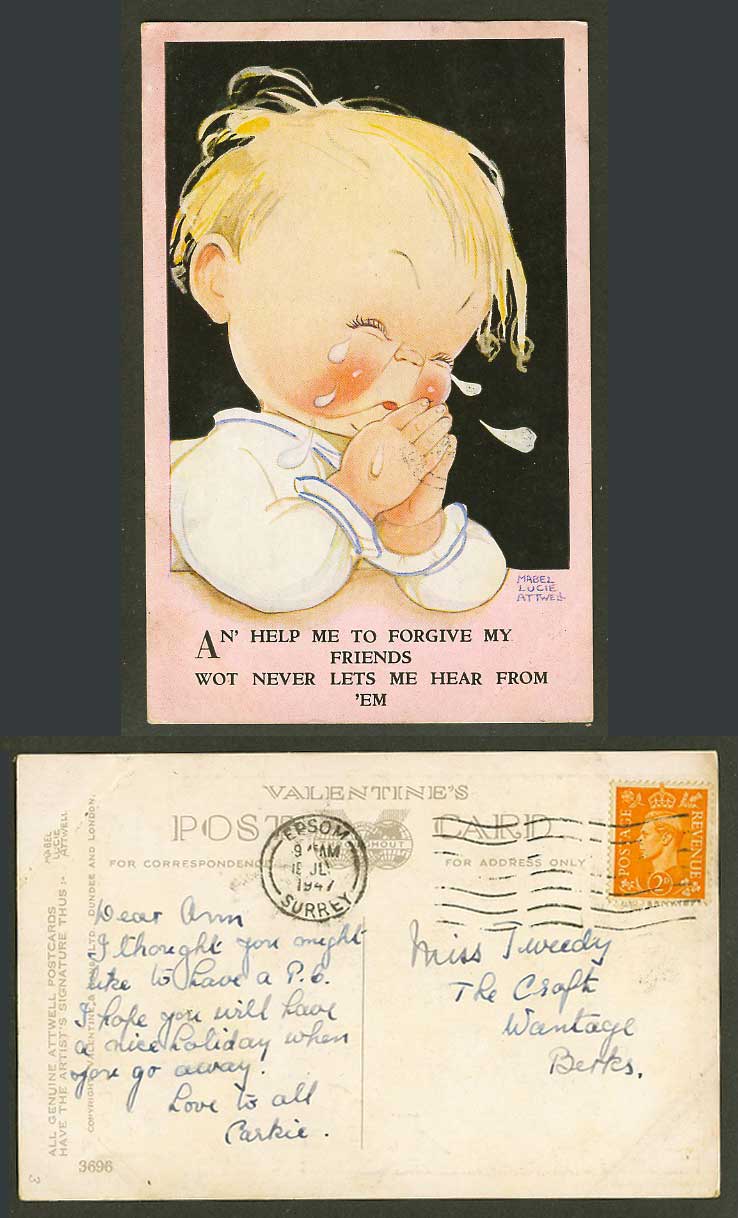MABEL LUCIE ATTWELL 1947 Old Postcard Prayer - Help Me to Forgive My Friend 3696