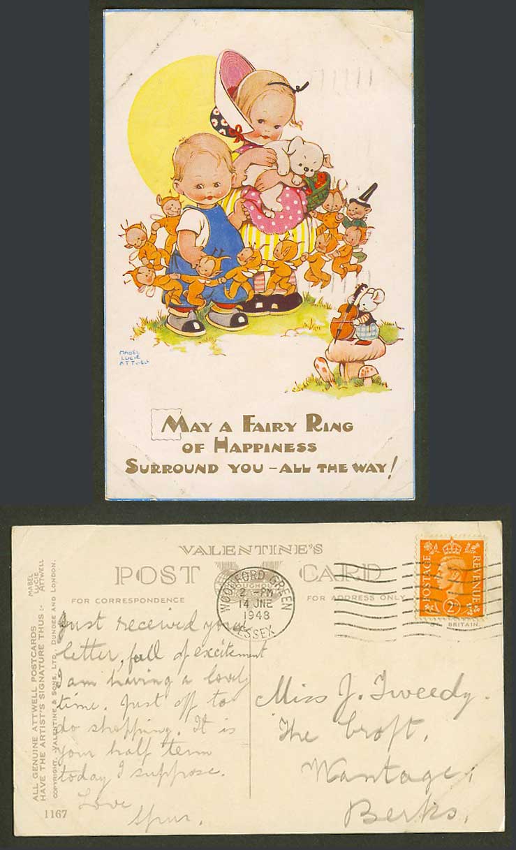 MABEL LUCIE ATTWELL 1948 Old Postcard Fairy Ring of Happiness, Fairies, Dog 1167