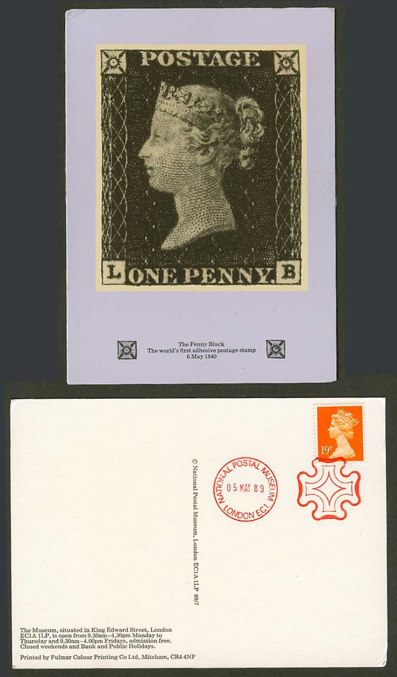 Penny Black The World's First Stamp 1840 Museum 1989 Queen Victoria 19p Postcard