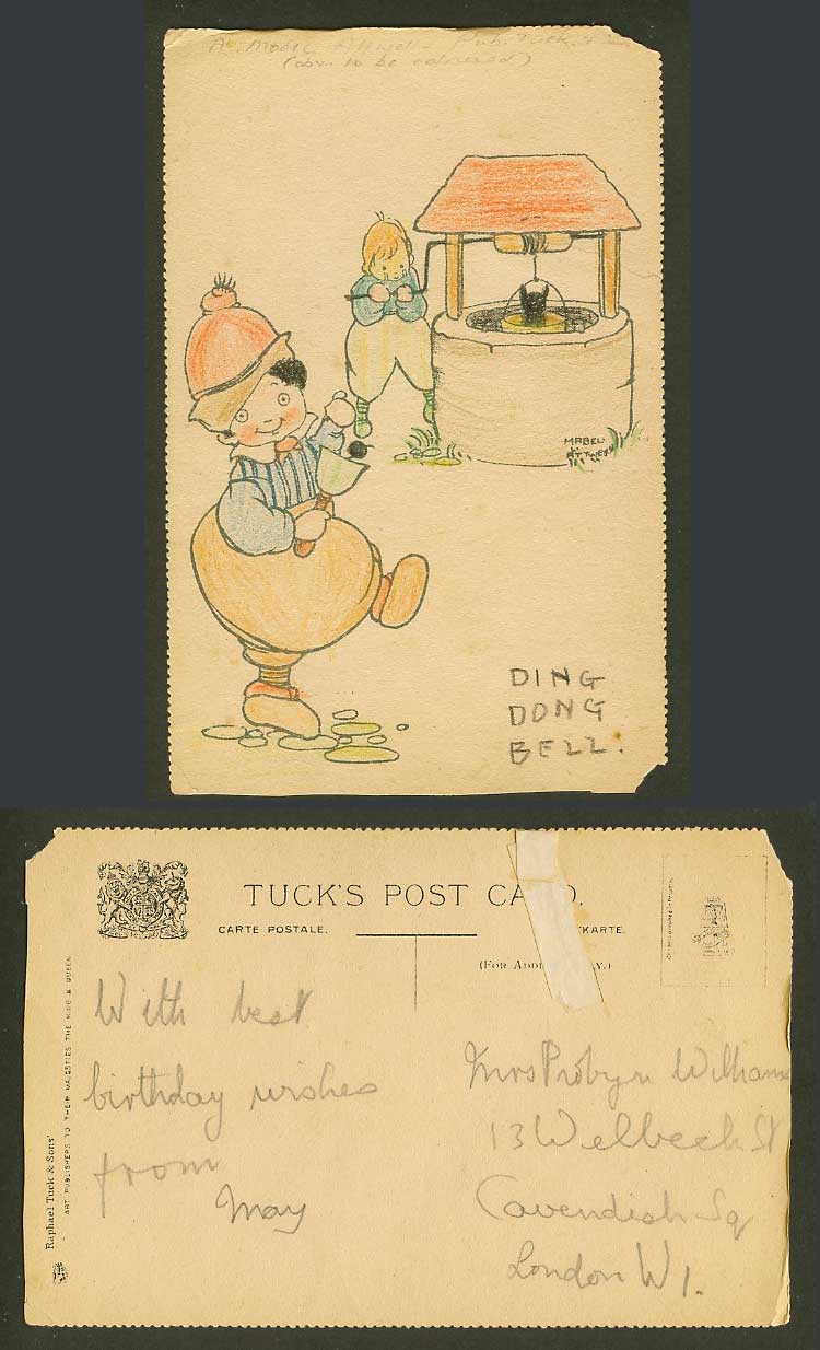 Novelty Hand Painted Old Postcard Ding Dong Bell, Child Drawing Water from Well