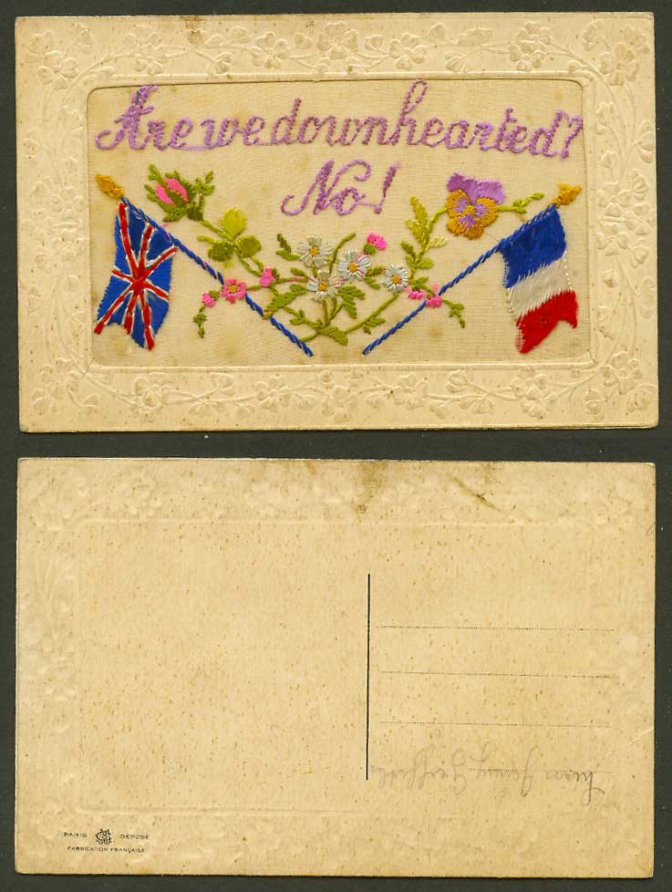 WW1 SILK Embroidered Old Postcard Are We Downhearted? No! Flags Flowers, Novelty