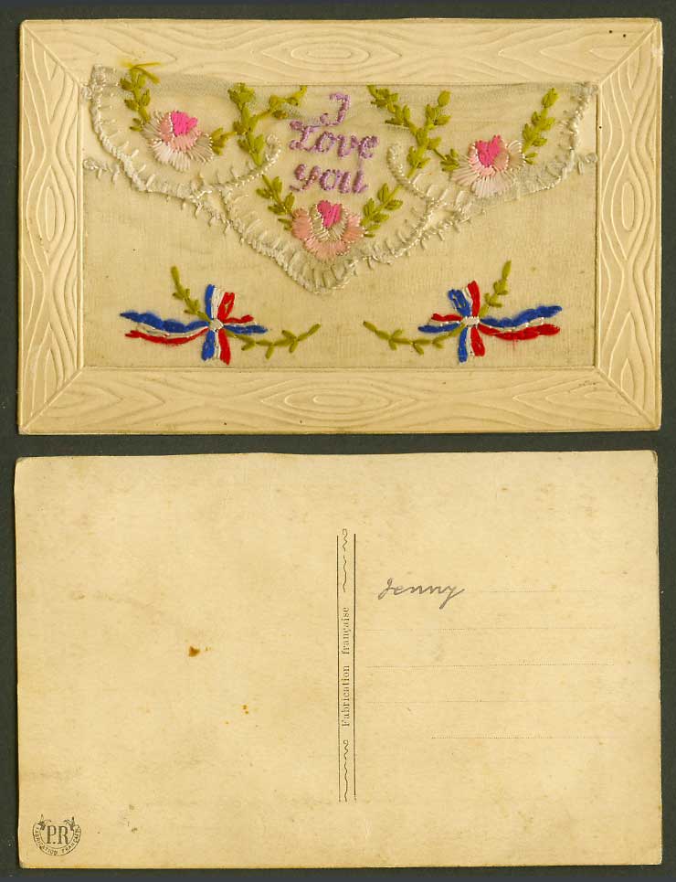 WW1 SILK Embroidered French Old Postcard I Love You Flowers Empty Wallet Novelty