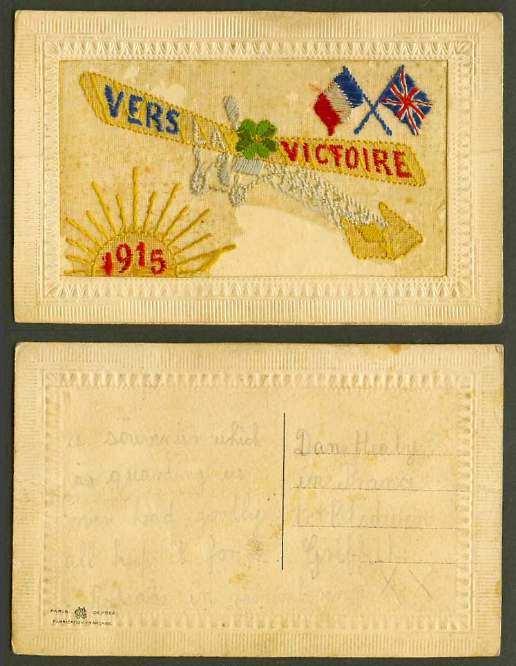 WW1 SILK Embroidered 1915 Old Postcard Monoplane Sun Rays French & British Flags