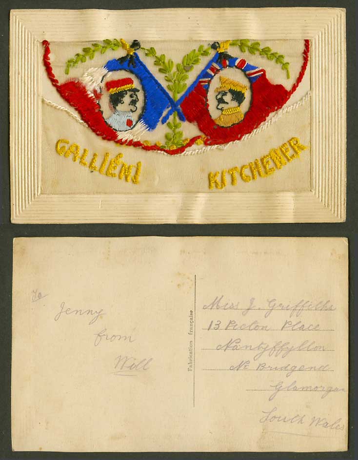 WW1 SILK Embroidered Old Postcard Joseph Gallieni Herbert Kitchener Flags Wallet