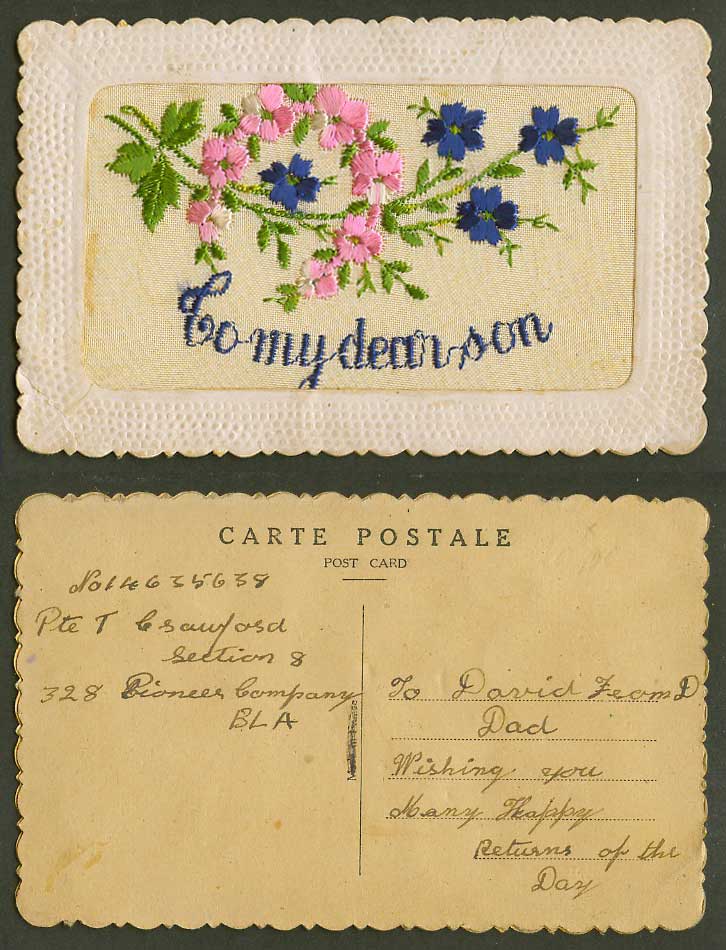 WW1 SILK Embroidered Old Postcard To My Dear Son, Flowers, Novelty, Greetings