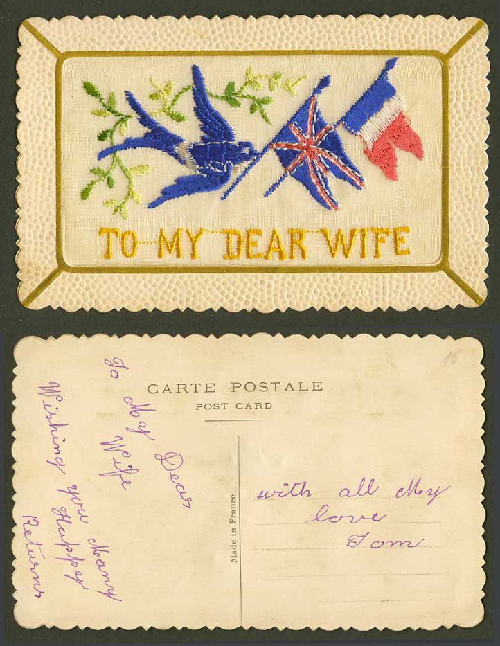 WW1 SILK Embroidered Old Postcard To My Dear Wife Bird Flag French British Flags