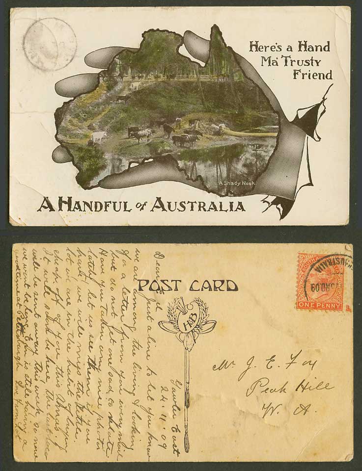 Australian 1d 1909 Old Colour Postcard A Handful of Australia MAP, A Shaddy Nook