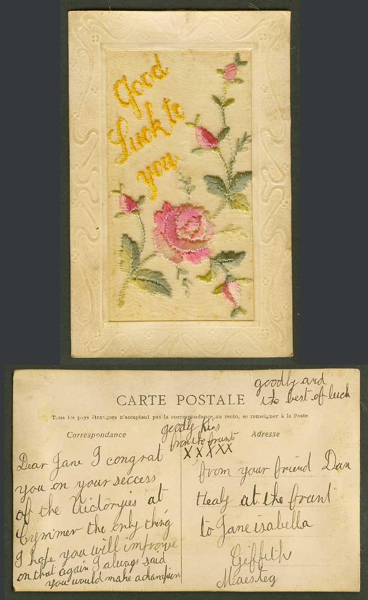 WW1 SILK Embroidered Old Postcard Good Luck to You, Pink Rose Roses Flowers Buds