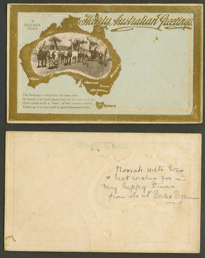 Australia Old Postcard Hearty Australian Greetings MAP A Bullock Team Cattle Cow