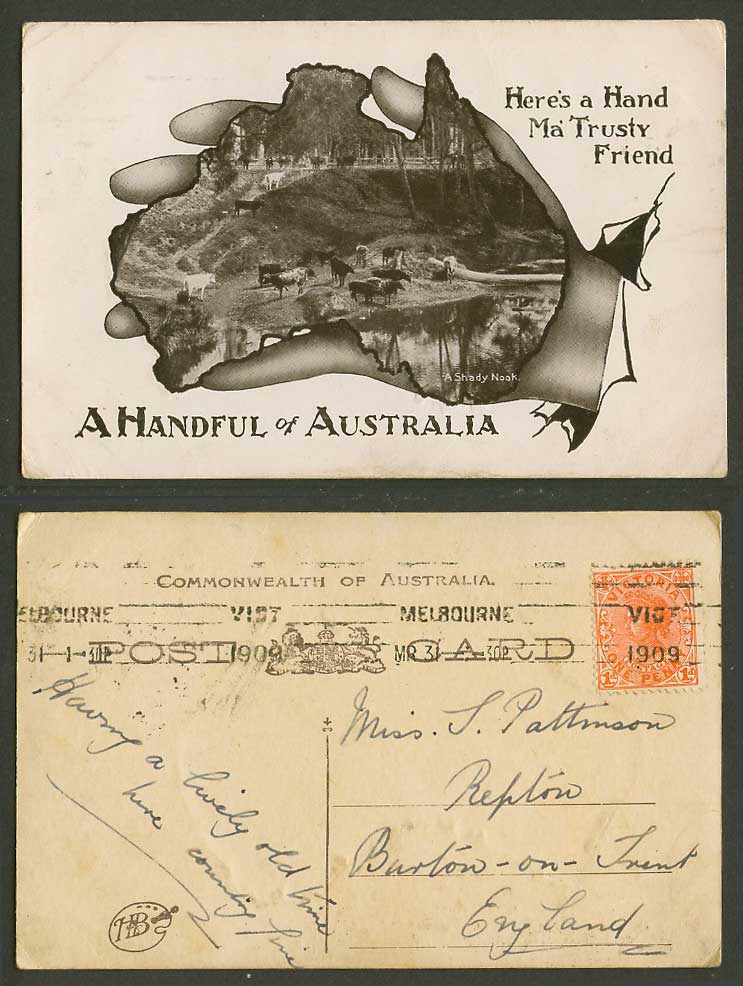 Australian Vic. QV 1d 1909 Old Postcard A Handful of Australia MAP A Shaddy Nook