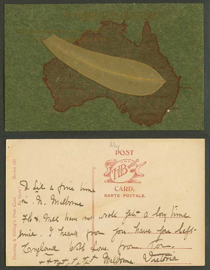 Australia MAP Old Postcard An Australian GUM LEAF, Novelty with a Real Tree Leaf