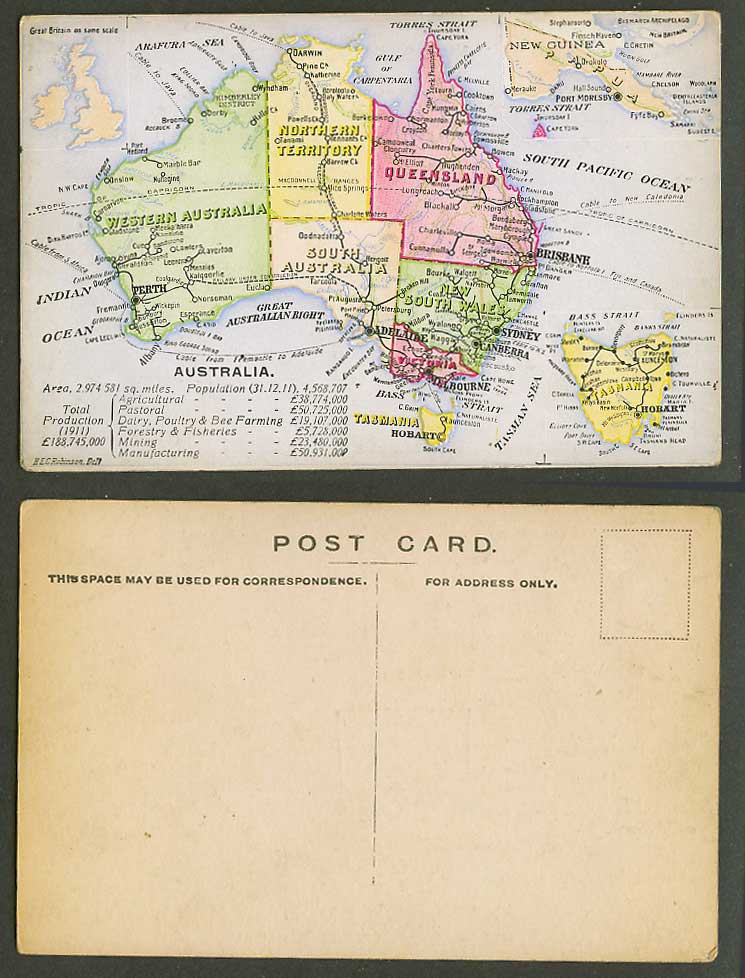 Australia MAP Tasmania Hobart Queensland Sydney Brisbane Perth, etc Old Postcard