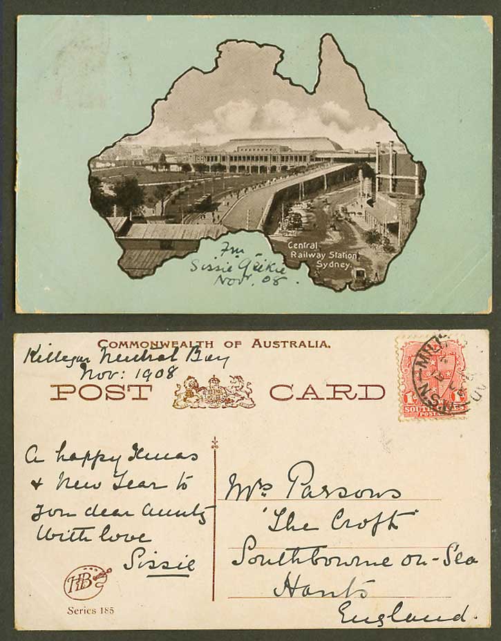 Australia MAP 1d 1908 Old Postcard Sydney, Central Railway Station, Street Scene