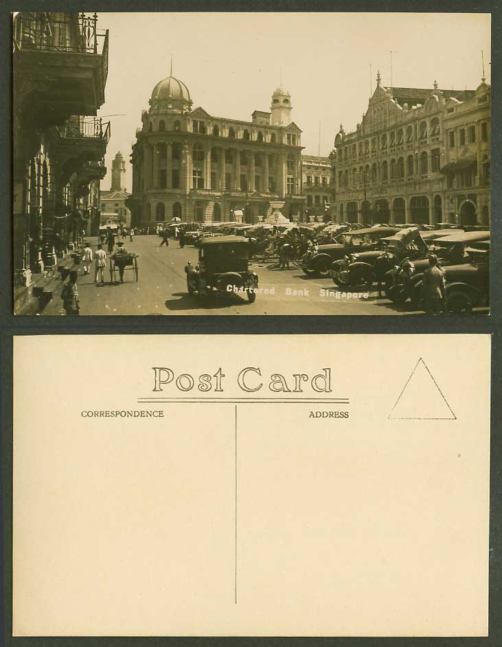 Singapore Old Real Photo Postcard Chartered Bank Raffles Square Street Scene Car