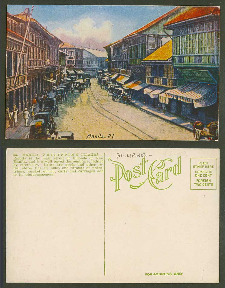 Philippines Old Postcard Manila, Escolta Main Street Scene, Binondo, Horse Carts