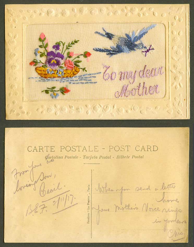 WW1 SILK Embroidered 1917 Old Postcard To My Dear Mother Bird Letter Flower Boat