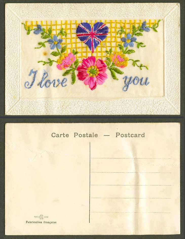 WW1 SILK Embroidered Old Postcard I Love You, Heart Shaped British Flag, Flowers