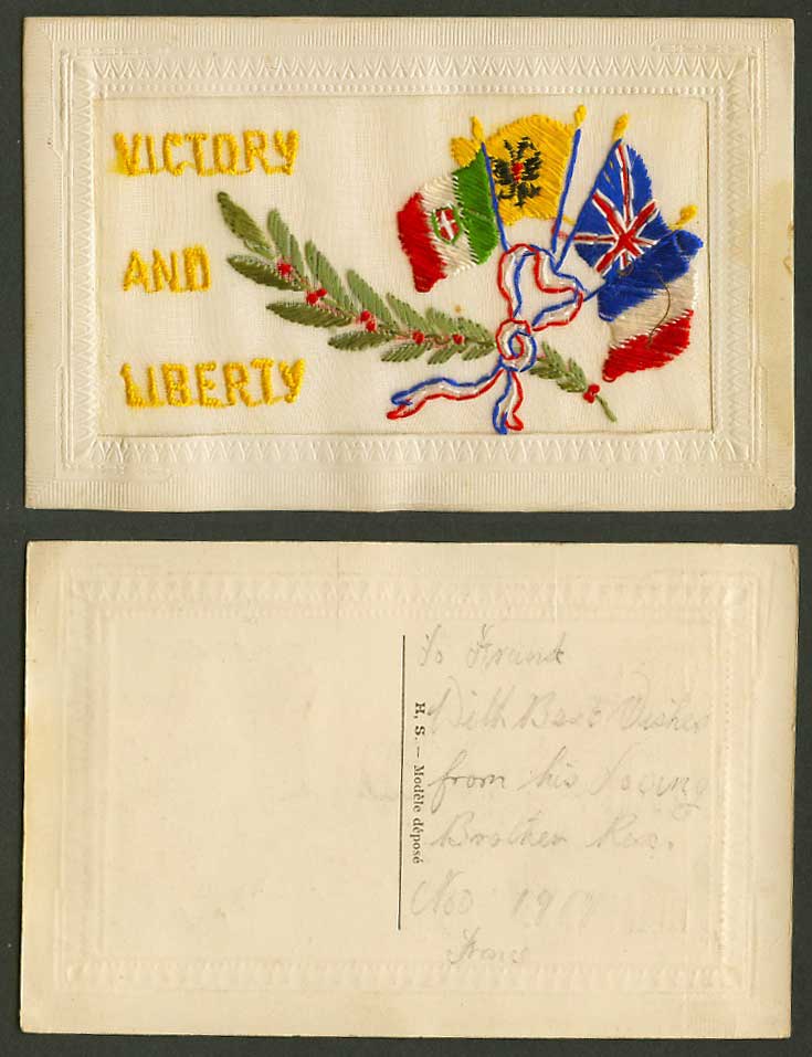 WW1 SILK Embroidered Old Postcard Victory and Liberty Flag Flags Novelty H.S. FF