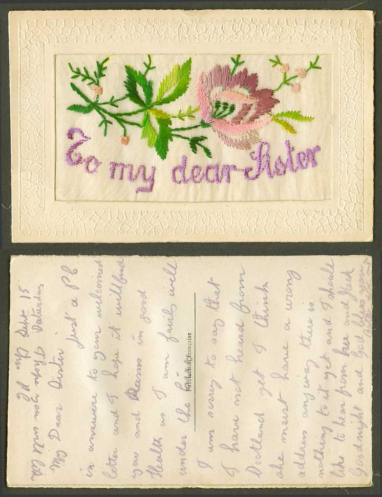 WW1 SILK Embroidered French 1915 Old Postcard To My Dear Sister, Flower Flowers