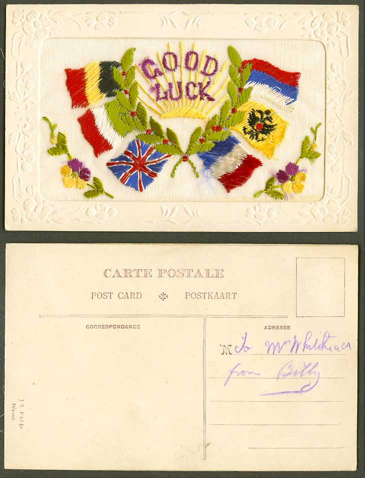 WW1 SILK Embroidered Old Postcard Good Luck Flag Flags Flower Flowers J.S. Paris