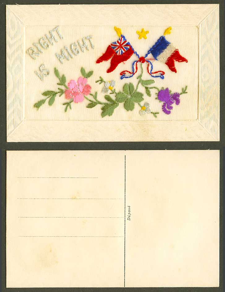WW1 SILK Embroidered Old Postcard Right is Might Star Flag Flags Flowers Novelty