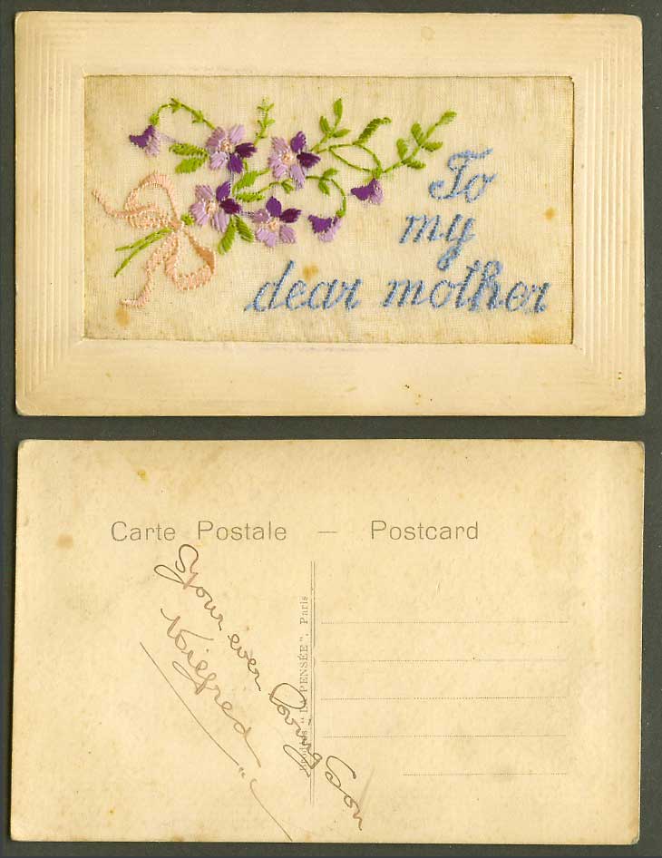 WW1 SILK Embroidered Old Postcard To My Dear Mother A Bunch of Flowers Greetings