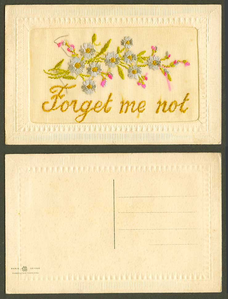 WW1 SILK Embroidered French Old Postcard Forget Me Not Flower Flowers, Novelty