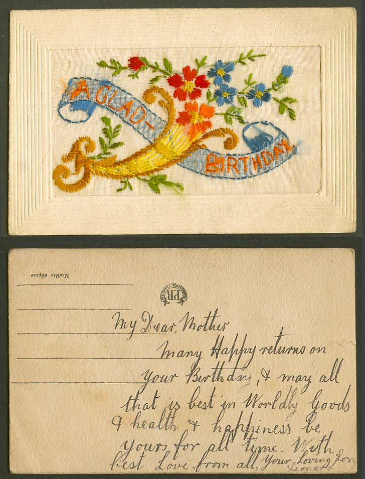 WW1 SILK Embroidered Old Postcard A Glad Birthday Flowers Horn Novelty Greetings