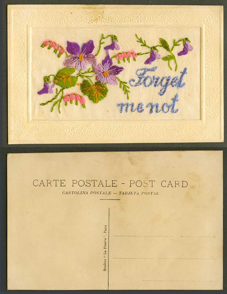 WW1 SILK Embroidered Old Postcard Forget Me Not Flowers, Brodees La Pensee Paris