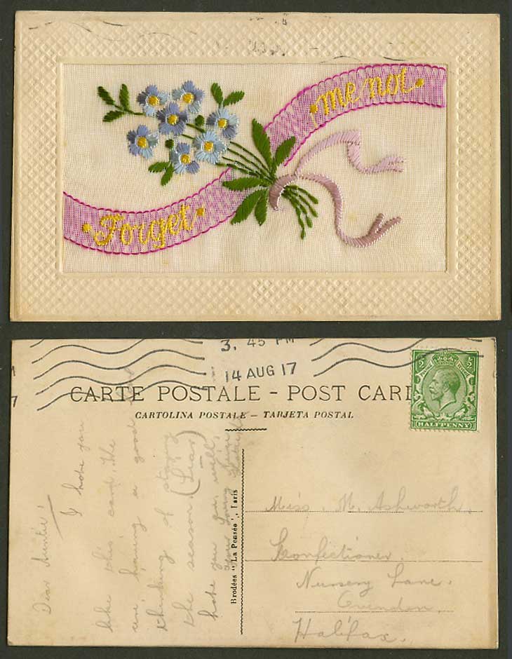WW1 SILK Embroidered KG5 1/2d 1917 Old Postcard Forget Me Not A Bunch of Flowers