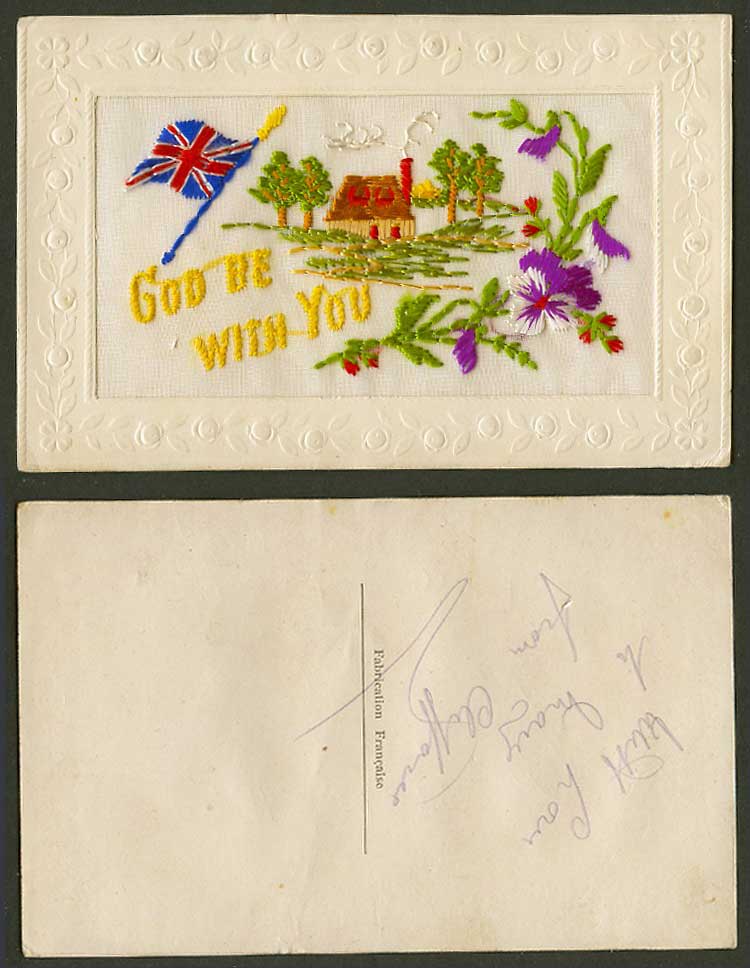 WW1 SILK Embroidered Old Postcard God Be With You, Cottage, British Flag Pansies