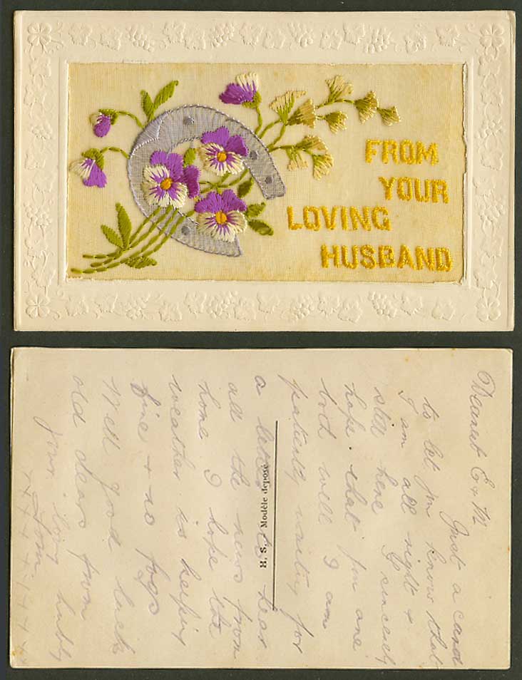 WW1 SILK Embroidered Old Postcard From Your Loving Husband Horseshoe Flowers H S