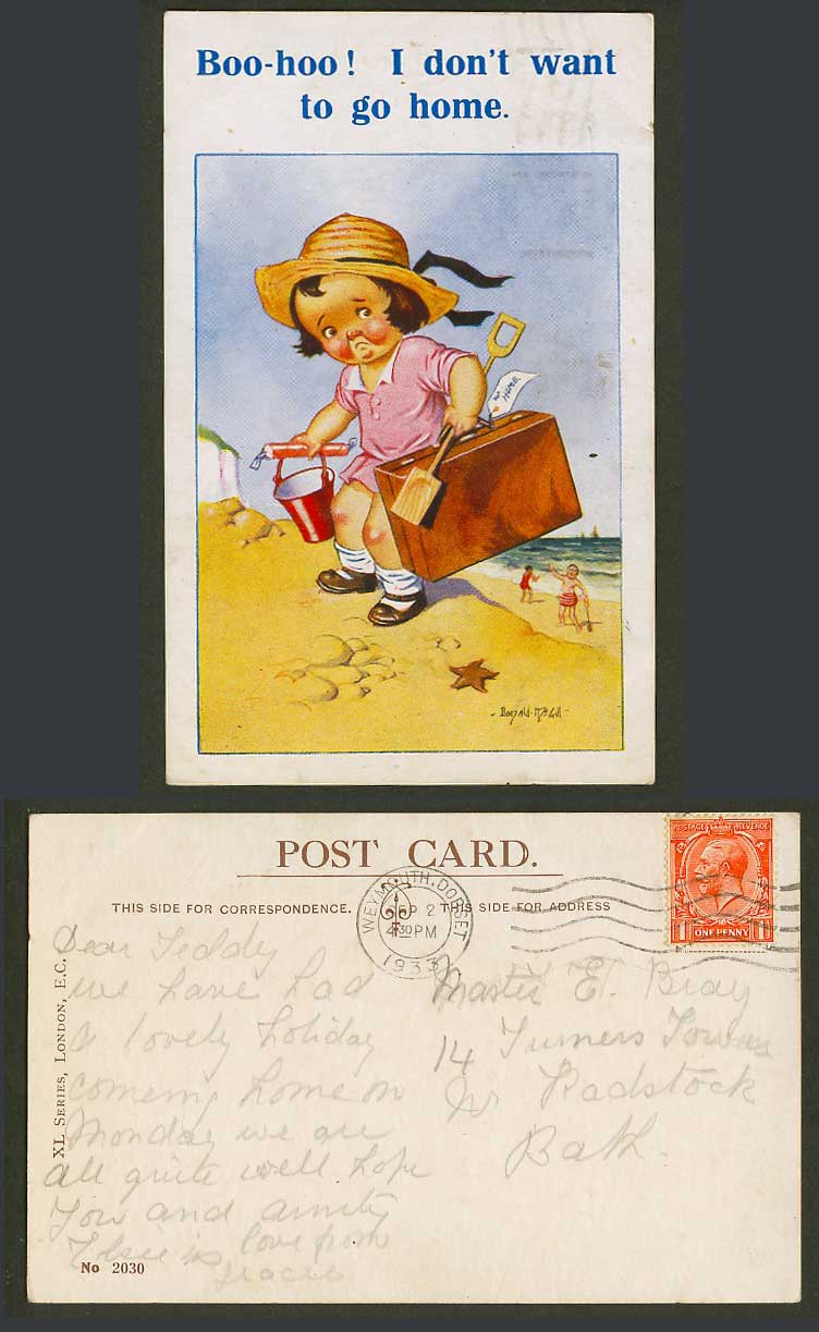Donald McGill 1933 Old Postcard Boo-hoo! I don't Want to Go Home, Beach Starfish