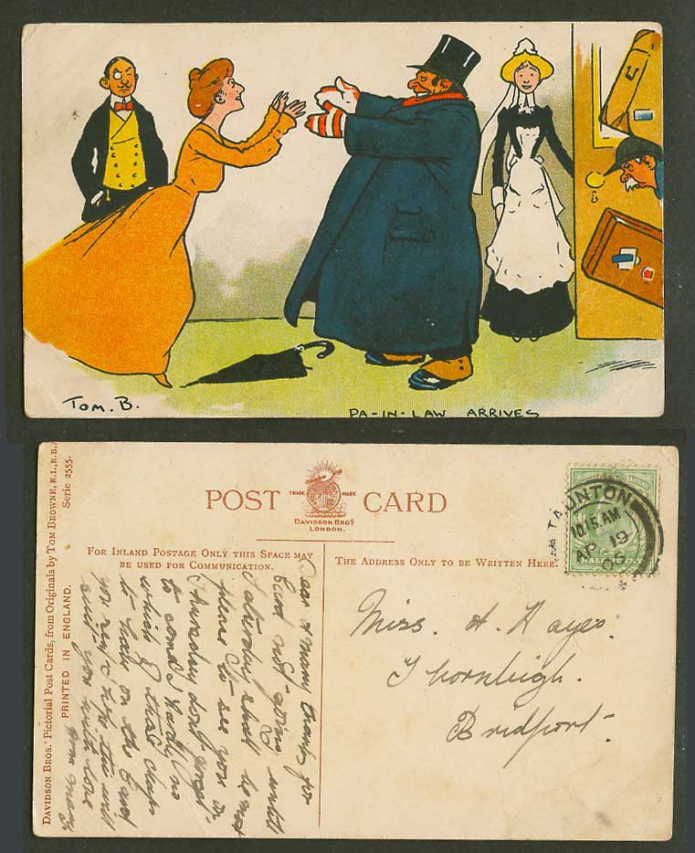 Tom B Browne Artist Signed 1906 Old Postcard Pa-in-Law Arrives Maid Glamour Lady