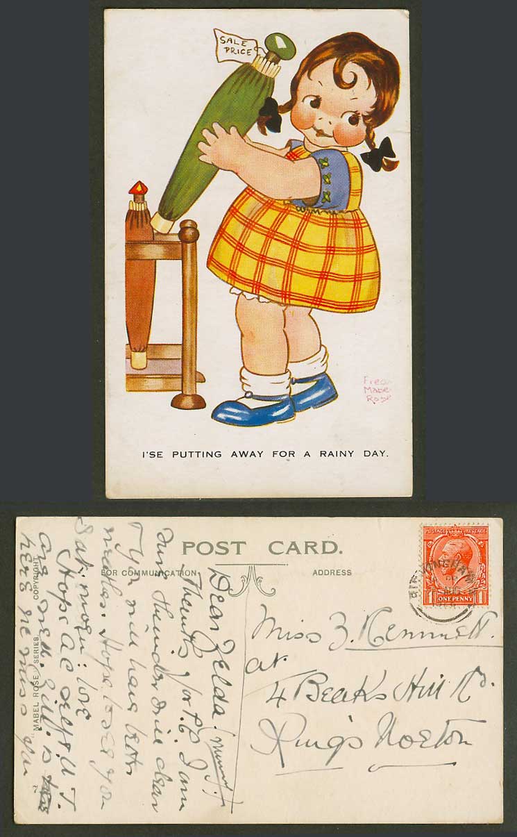 Freda Mabel Rose 1926 Old Postcard I'se Putting Away For a Rainy Day - Umbrellas