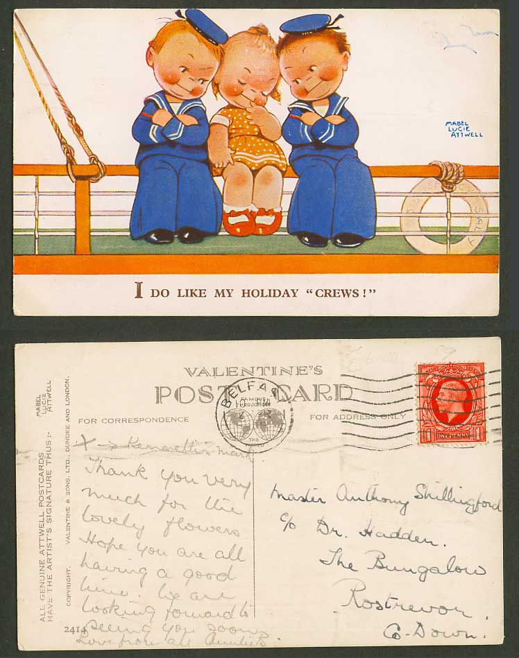MABEL LUCIE ATTWELL 1935 Old Postcard I Do Like My Holiday Crews! Girl Boys 2414