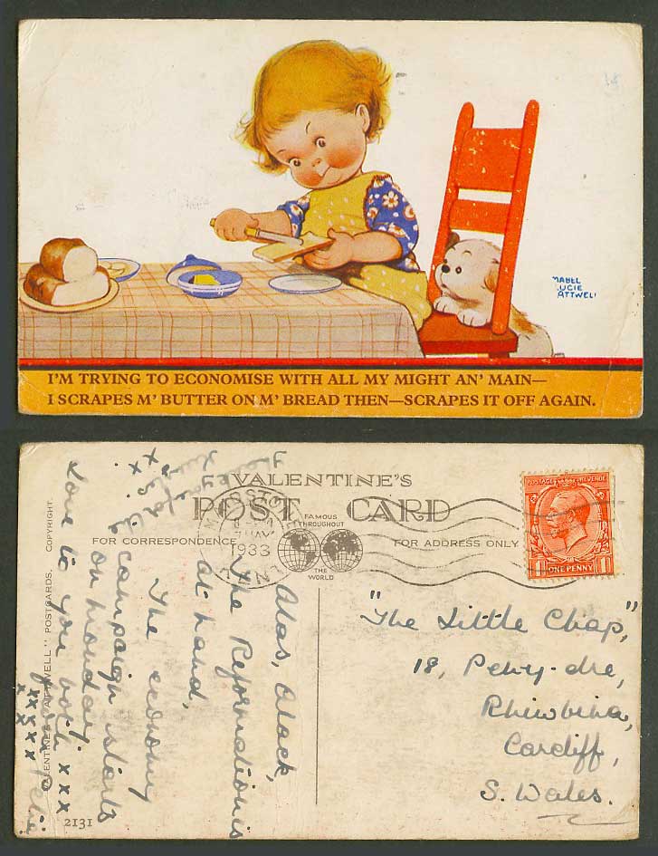 MABEL LUCIE ATTWELL 1933 Old Postcard Economise I Scrapes Butter on M Bread 2131