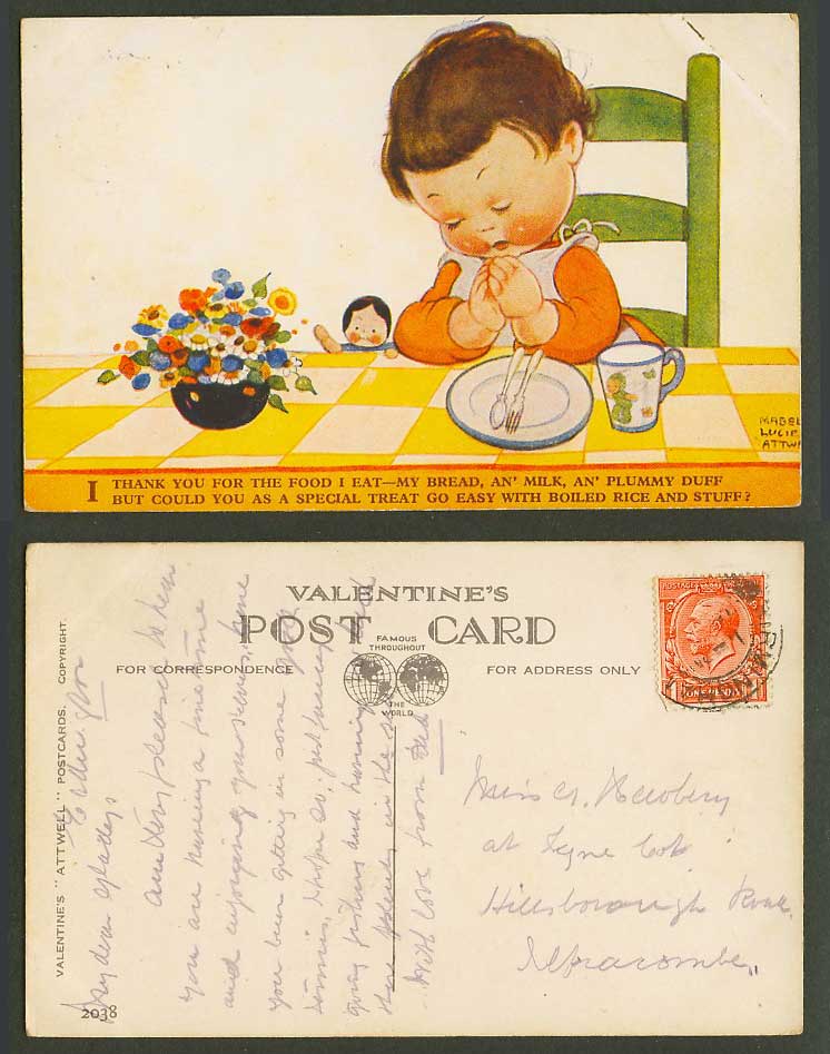 MABEL LUCIE ATTWELL Old Postcard Prayer Doll Thank You for Food I Eat Treat 2038
