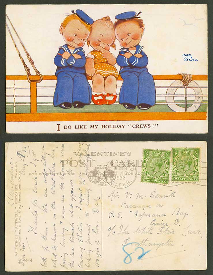 MABEL LUCIE ATTWELL 1933 Old Postcard I Do Like My Holiday Crews Sailors No.2414