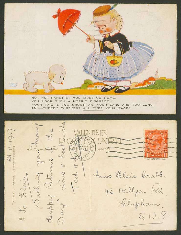 MABEL LUCIE ATTWELL 1927 Old Postcard Dog Puppy Whiskers All Over Your Face 1096
