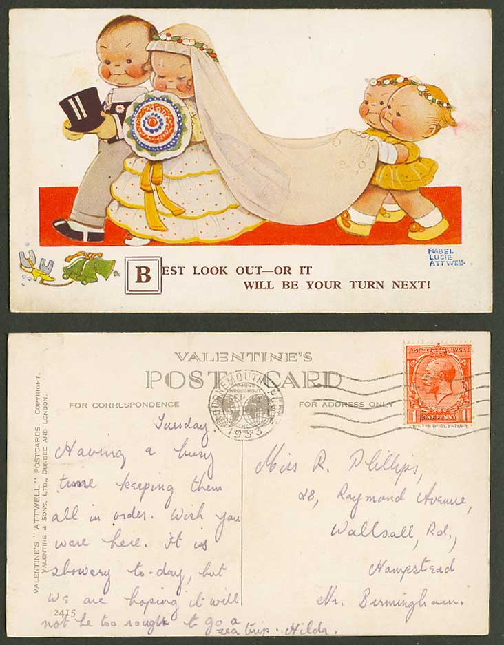 MABEL LUCIE ATTWELL 1933 Old Postcard Wedding Bride Groom Your Turn Next No.2415