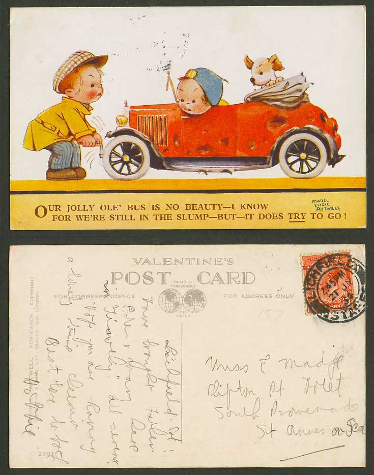 MABEL LUCIE ATTWELL 1934 Old Postcard Dog & Car. Jolly Ole Bus is no Beauty 2191