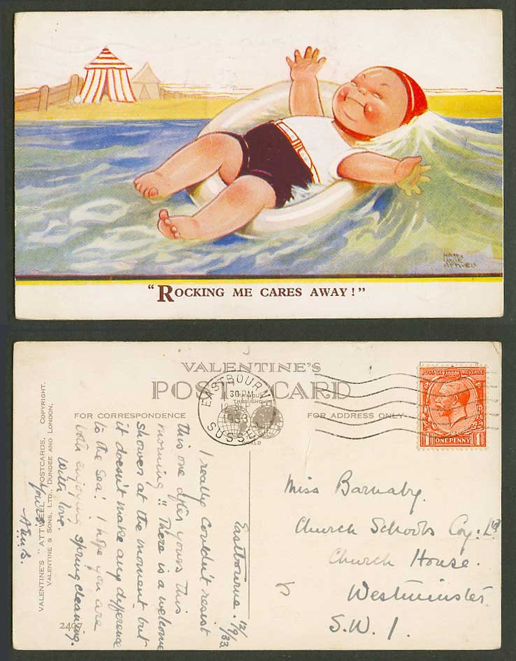 MABEL LUCIE ATTWELL 1933 Old Postcard Rocking Me Cares Away! Lifebelt Beach 2407