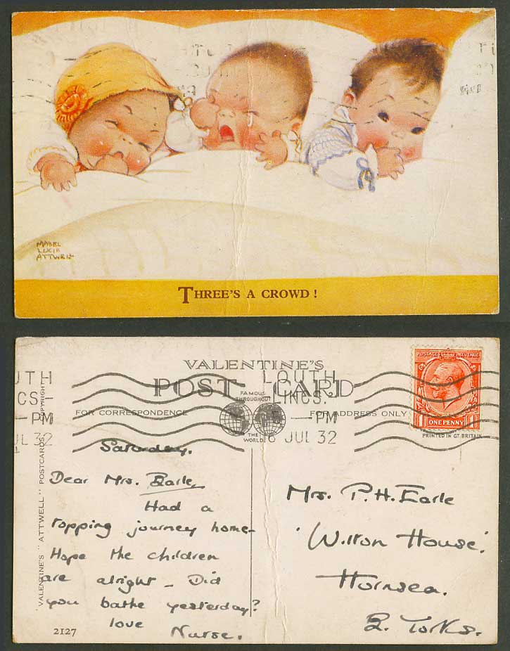 MABEL LUCIE ATTWELL 1932 Old Postcard Three's A Crowd! Triplets Babies, Bed 2127