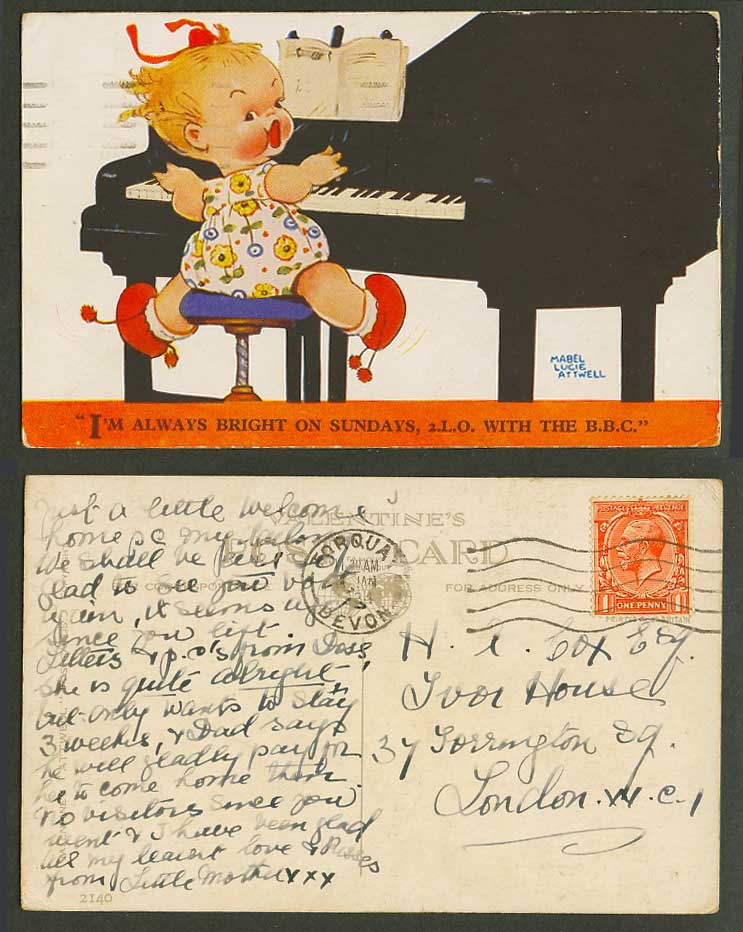 MABEL LUCIE ATTWELL 1934 Old Postcard Piano Bright on Sundays 2.L.O. B.B.C. 2140
