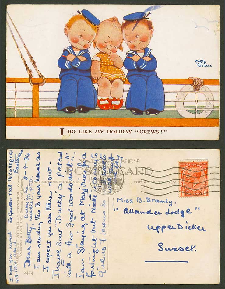 MABEL LUCIE ATTWELL 1934 Old Postcard I Do Like My Holiday Crews Lifebelt N.2414